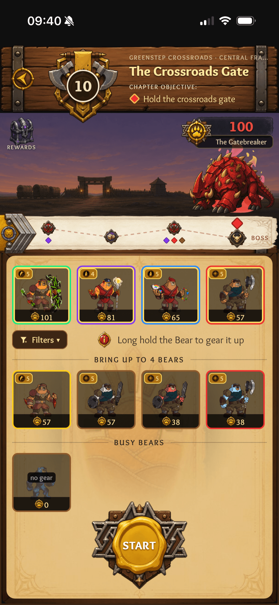 Chapter screen on a phone for The Crossroads Gate, with the boss encounter and its objective above, and squad selection with gear and power ratings below.