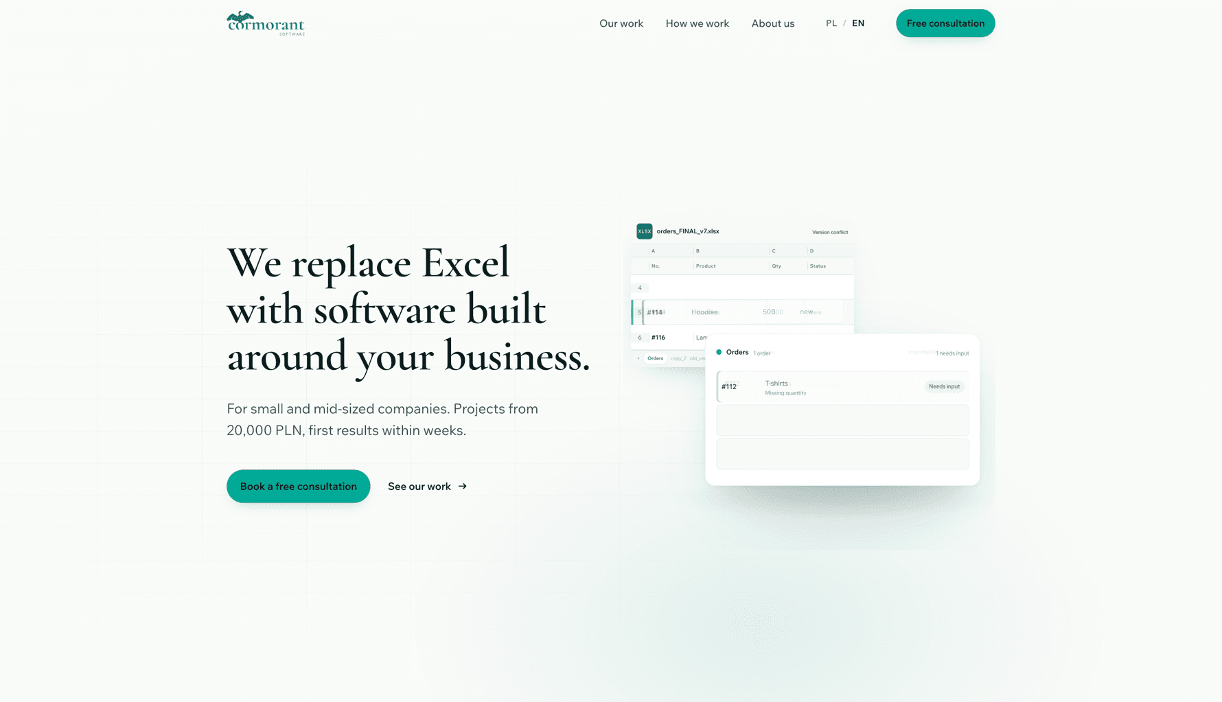 Cormorant Software home page, with a serif headline reading We replace Excel with software built around your business, consultation buttons, and a floating spreadsheet card handing an order off to a clean app card.