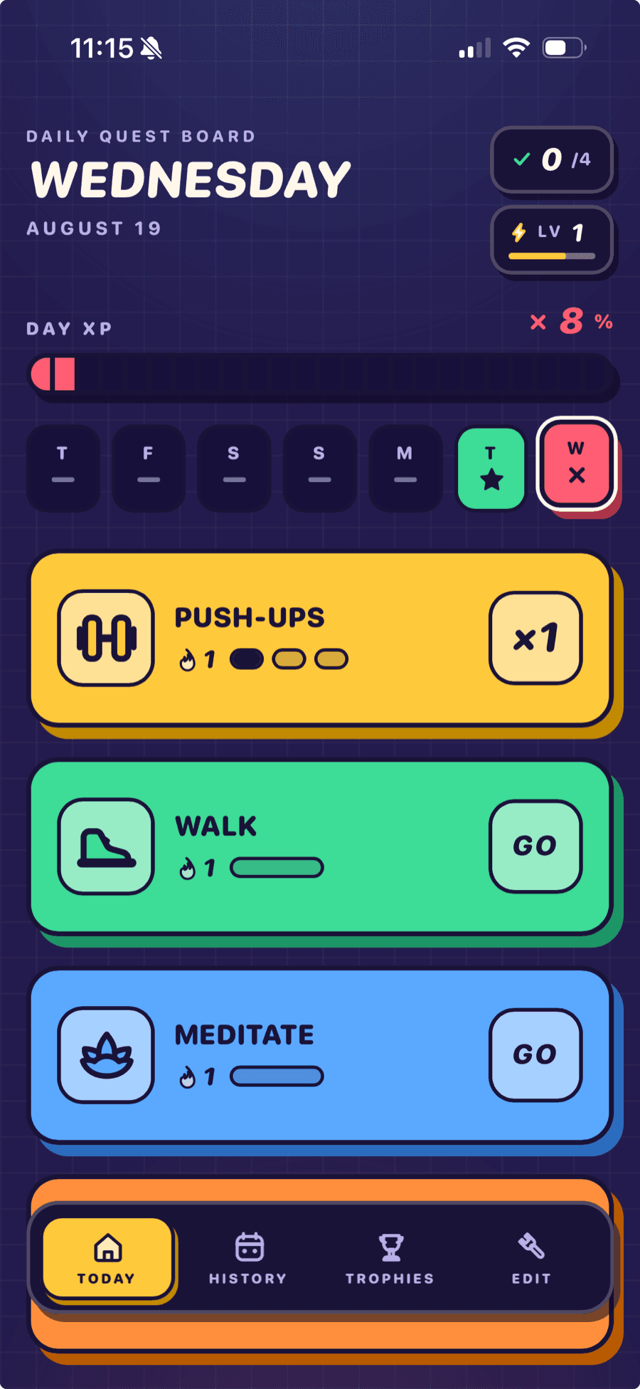 Discipline daily quest board on a phone: Wednesday with a day XP bar, a weekly grid of hits and misses, and quest cards for push-ups, walk, and meditate with streak counters.